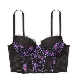 Victoria's Secret Dream Angels ribbon slot black purple floral corset bra